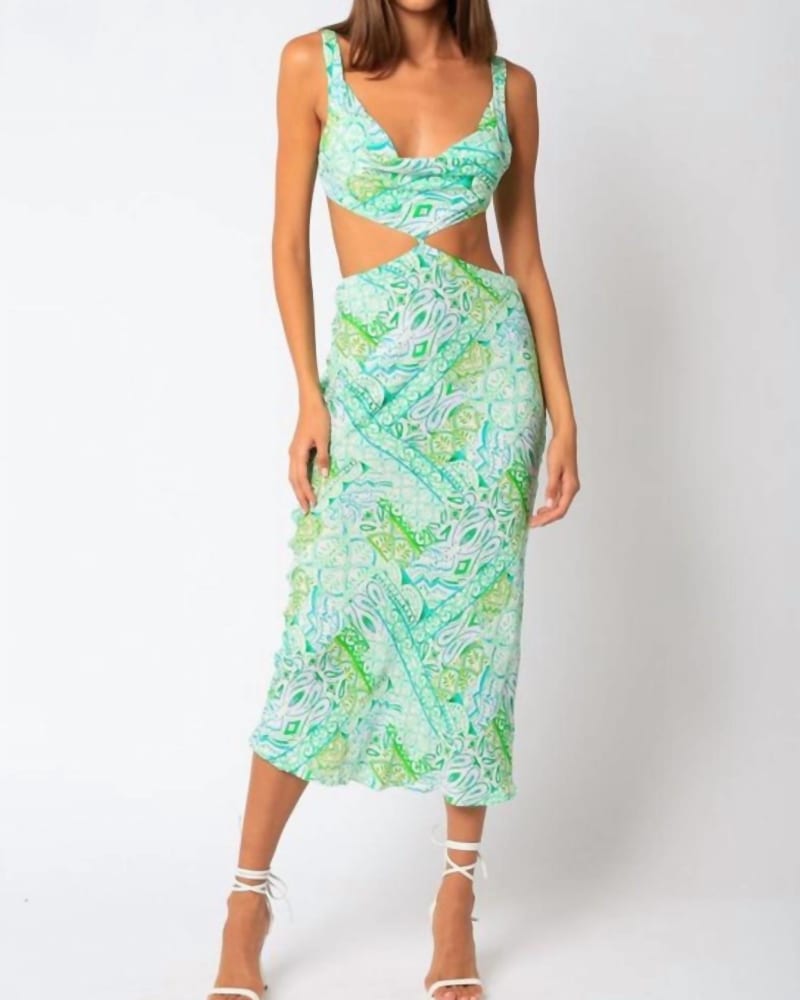 Front of a model wearing a size L Sandra Cowl Cutout Midi Dress In Green Mint Print in Green Mint Print by OLIVACEOUS. | dia_product_style_image_id:342269